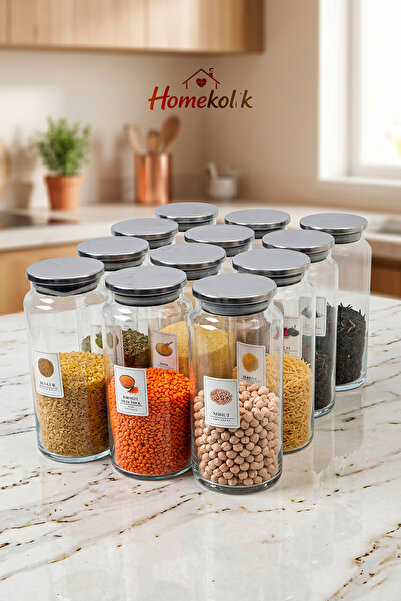 Homekolik 12'li Metal Kapaklı Etiketli Vakum Kapaklı Cam Kavanoz Seti 1300 ml...