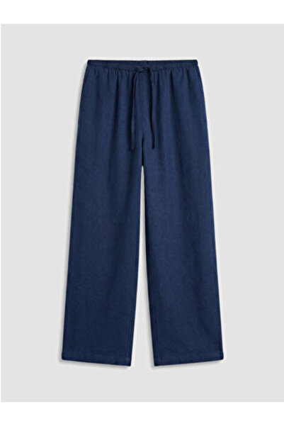 LC Waikiki New Season Navy Blue Elastic Waist Linen Blend Women's Trousers