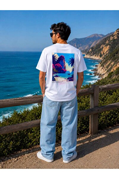 KUN SPORTSWEAR تي شيرت كبير الحجم مطبوع عليه منظر طبيعي فاخر