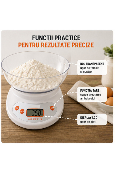 OEM Cântar de Bucătărie cu Bol Transparent, 5kg/1g, Display LCD, Funcție Tare...