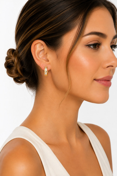Balenbi Stone Decorated Elegant Hoop Earrings Gold Color