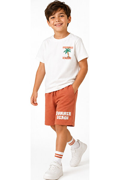 İrem Çocuk Giyim Boy's Summer Lettered Palm Tree Patterned T-Shirt and Shorts...