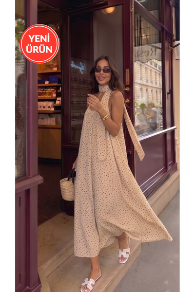 Perryes Kadın Askılı Puantiyeli Fularlı Maxi Elbise Siyah