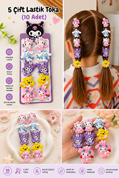 Nisankids 5 Çift Çocuk Lastik Toka - Toka Seti Kuromi Hello Kitty My Melody C...
