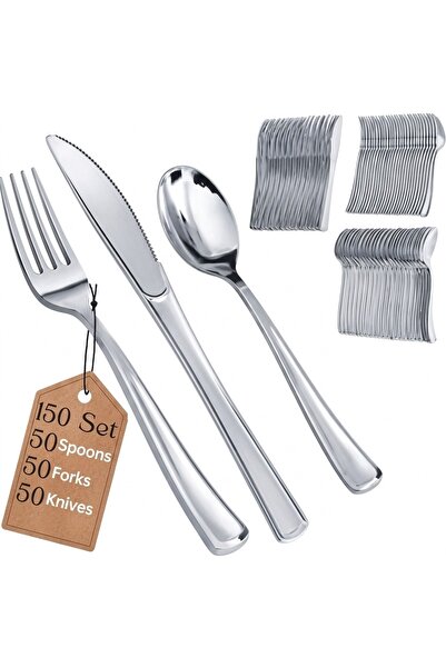 4basix Premium Silver Plastic Cutlery Set, 150 Piece Flatware Collection With...