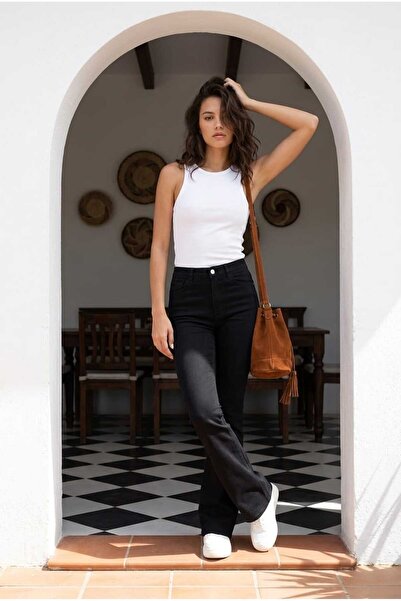 hies Pantaloni de damă negri, tip Spanish Flare, cu talie înaltă, din lycra
