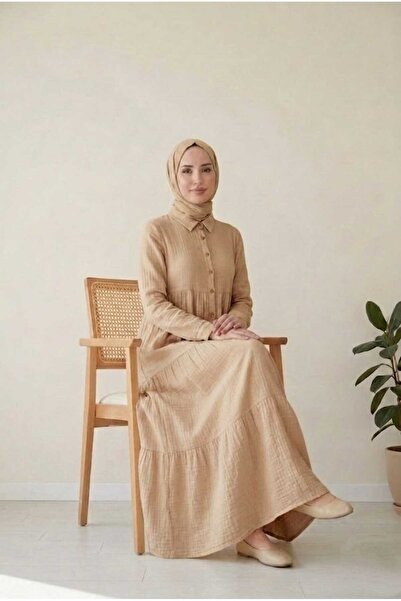 PORİENTO Beige Color Women's 100% Cotton Muslin Fabric Dress Buttoned Shirt C...