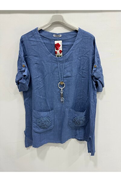 della moor Women's Blue Italian Folded Short Sleeve Oversize Linen Tunic 40 -...
