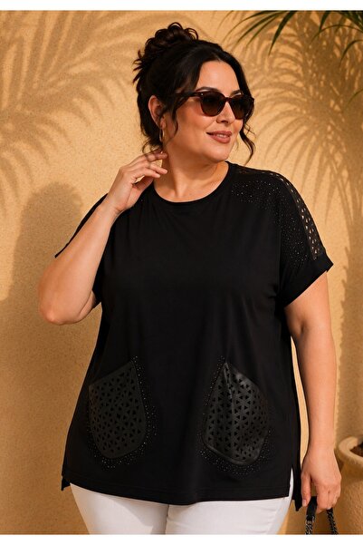 FOR ESRA BIG TREND Women's Plus Size Shoulder Pocket Laser Cut Faux Leather D...