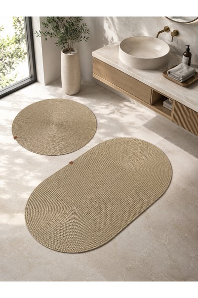 MELENA CARPET Premium Natural Rope Textured Knitted Bath Mat Set Oval Round 2-Piece