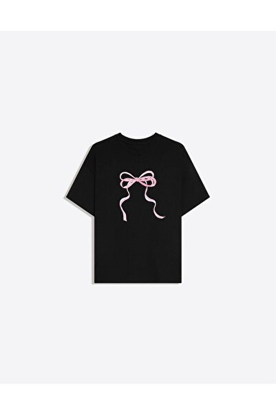 Disante Thin Ribbon Printed Crew Neck Oversize Trendy Women's T-Shirt