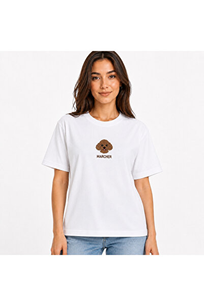 Moon marcher Marcher Kahve Poodle Nakışlı Oversize Tişört - Beyaz