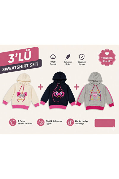 asyagiyimavm25 Kız Çocuk 3’lü Kapüşonlu Sweatshirt Seti | Pamuklu Yumuşak Kum...