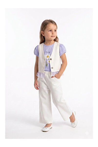 Mini Baray Girl's Lace Detailed Gabardine Vest and Pants Set (Ages 2-3-4-5)