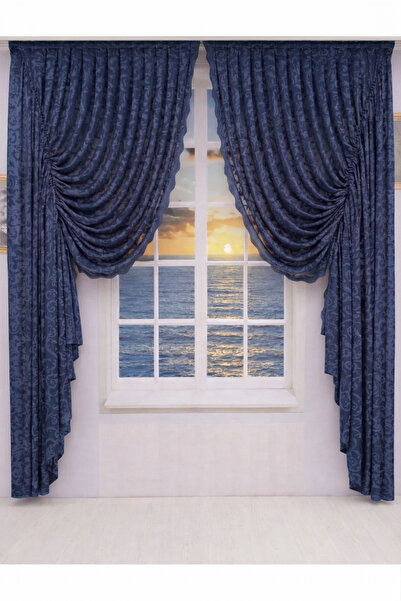 Artper Perdeniz Drawstring 2-Wing Tulle Background Curtain Navy Blue