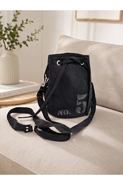 minart design Black No:5 Printed Denim Design Checkered Lined Bag Model Shoul...