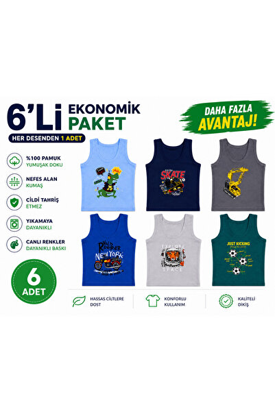 İlke 6’lı Erkek Çocuk Atlet %100 Pamuklu Baskılı Renkli Asorti Çocuk İç Giyim...