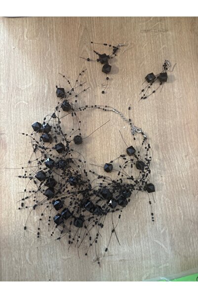 ELUNE İSTANBUL & Milano Black Geometric Stone Beaded Design Necklace and Earr...