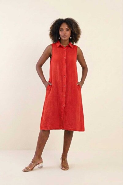 PORİENTO Coral Red Women's 100% Cotton Muslin Fabric Pocketed Buttoned Sleeve...