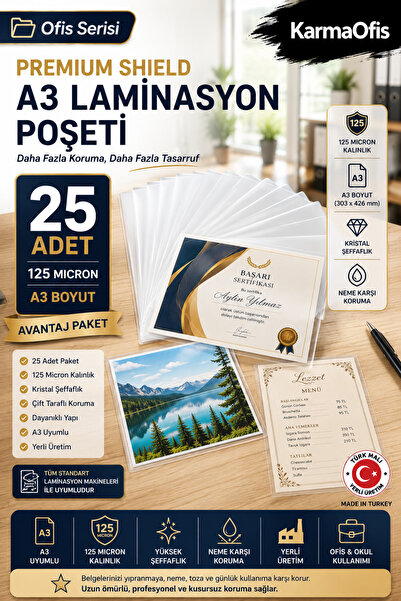 KarmaOfis 25 Adet A3 Laminasyon Poşeti 125 Micron Şeffaf Laminasyon Kağıdı Ye...