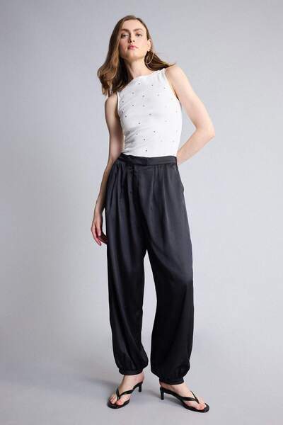 DeFacto Balloon Fit Pocketed High Waist Straight Leg Crepe Black Trousers H09...