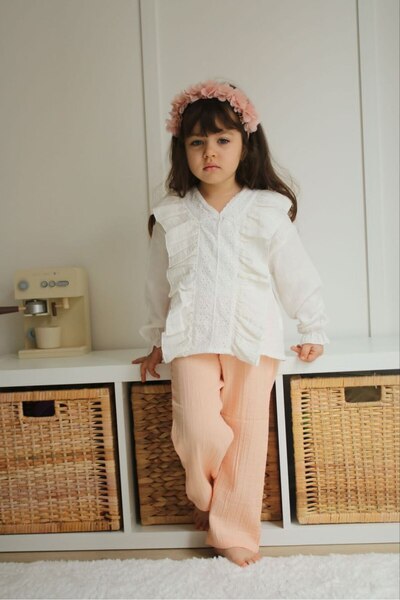 RÜYA KİDS Girl's 100% cotton efil efil muslin fabric 2-piece top and bottom set