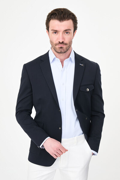 Mcr Straight Slim Fit Men's Jacket with Pockets and Snap Fasteners Navy Blue ...