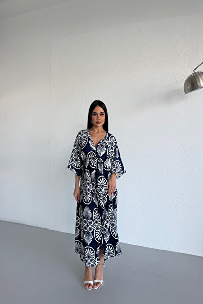 KAŞİHA Kruvaze Collar, Elastic Waist, Ethnic Patterned, Slit Women's Dress