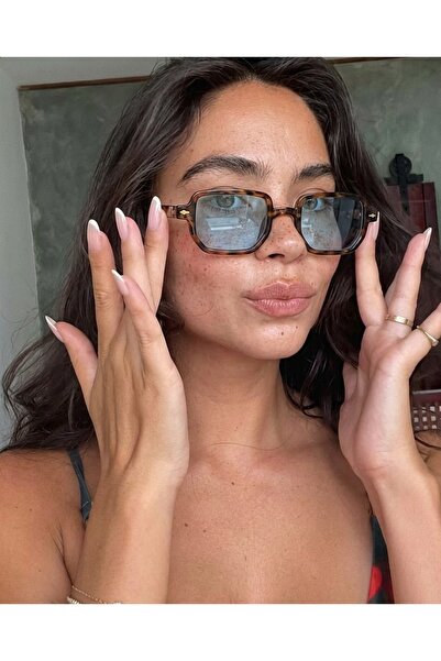 funeyes Lodin Leopard Frame Light Blue Glass Sunglasses Cornered Rectangle Me...