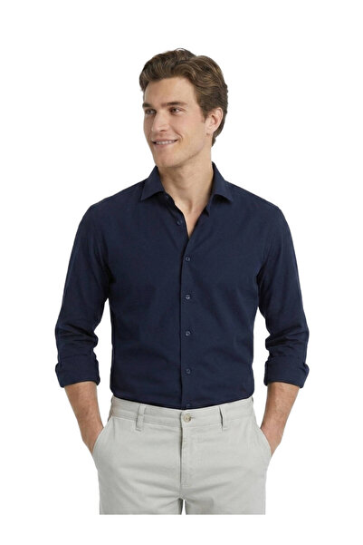 Kip Navy Blue Plain Regular Fit Long Woven Classic Cotton Blend Shirt