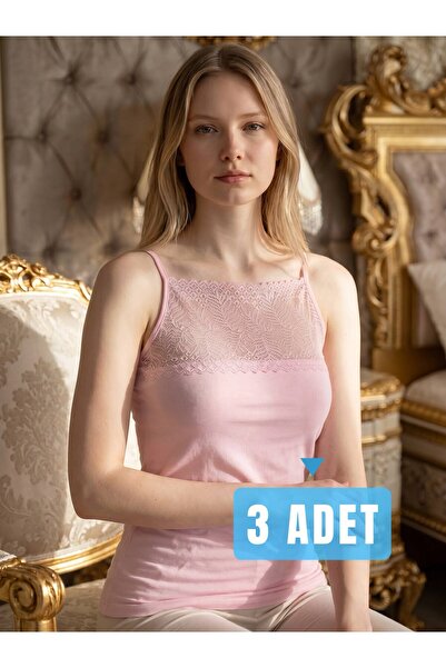 GİYU SHOP Women's 3-Piece Thin Strap Lycra Wide Lace Undershirt