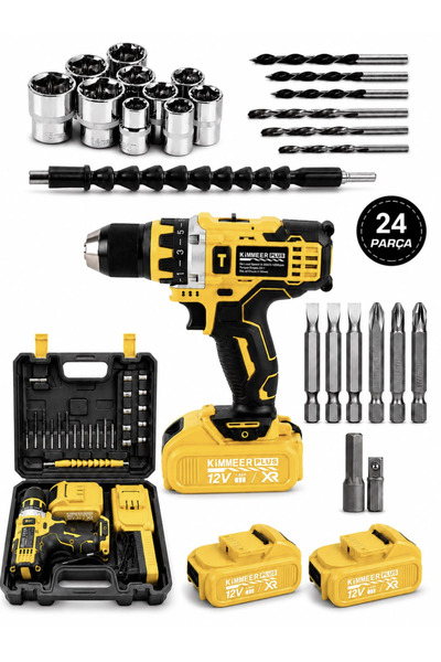 KİMMEER PLUS 12v 1.5 Ah Metal Şanzıman Çift Akülü Şarjlı 24 Parça Akülü SARI ...