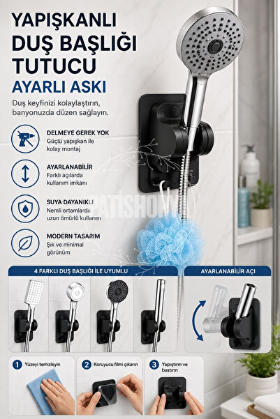 Kendinden Yapışkanlı Duş Başlığı Tutucu Ayarlı Askı Delmeden Takılan Banyo Duş Seti Aparatı