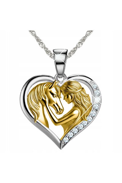 Larezo 925 Silver Necklace, Heart Pendant With Little Girl And Golden Horse Z...