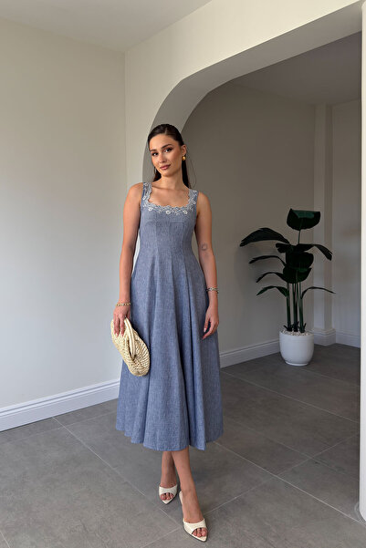 MAGARDE Special Series Embroidery Detailed Strappy Linen Dress - Blue