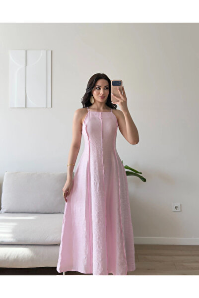 Zoom Butik Askılı Ters Dikiş Keten Elbise - PEMBE
