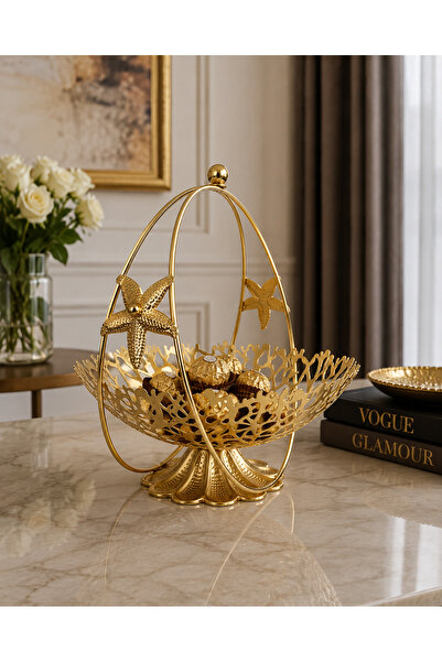 KİRAZHOME Lüks Orta Boy Gold Metal Şekerlik Dekoratif Sunumluk İkram Sepeti