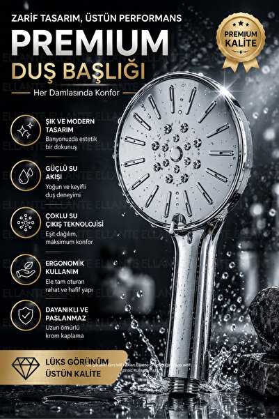 ellante Premium 5 Kademeli Duş Başlığı Yüksek Basınçlı Tasarruflu El Duşu Kro...