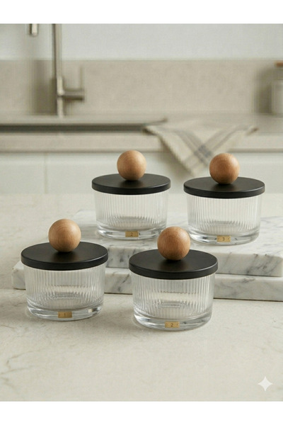 Mony moon Ribbed Glass Spice Jar Set of 4 Black Metal Lid & Wooden Ball Handl...
