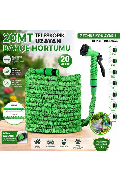EVİST 20 Metre Teleskopik Uzayan Bahçe Hortumu | 7 Fonksiyonlu Ayarlı Tetikli...