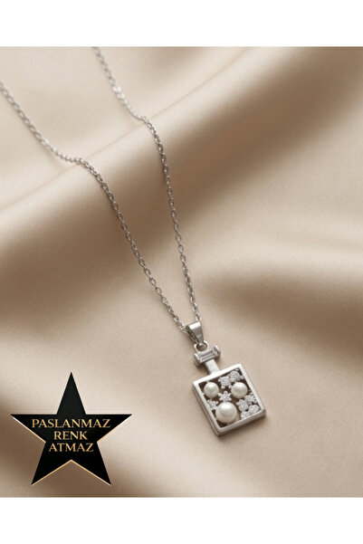 stainless steell 316L Steel Silver Pearl and Zircon Stone Women's Necklace