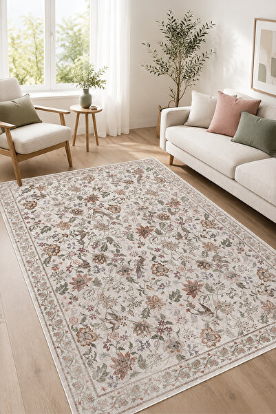 Toronto Home Dijital Kaymaz Yıkanabilir Vintage Renkli Çiçekli Salon Halısı M...