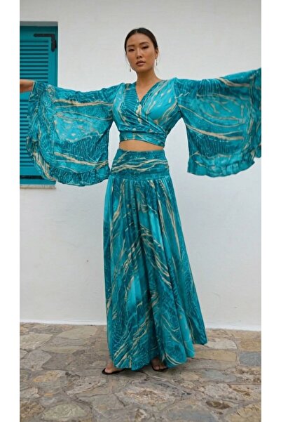 moda gk Gold Shiny Patterned Bohemian Imported Silk Set