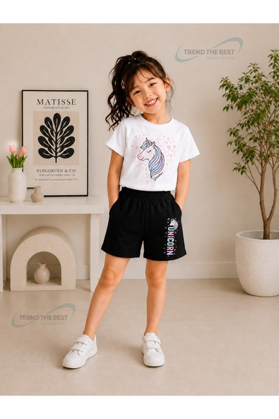 TREND THE BEST Trendin En İyisi Summer Heart Unicorn Printed Girls' Black Sho...