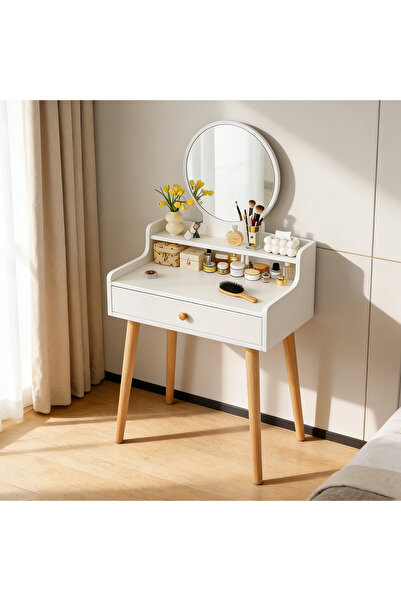 HI-FINE Small Vanity Makeup Table with Round Mirror, Wooden Legs & Drawer, Be...