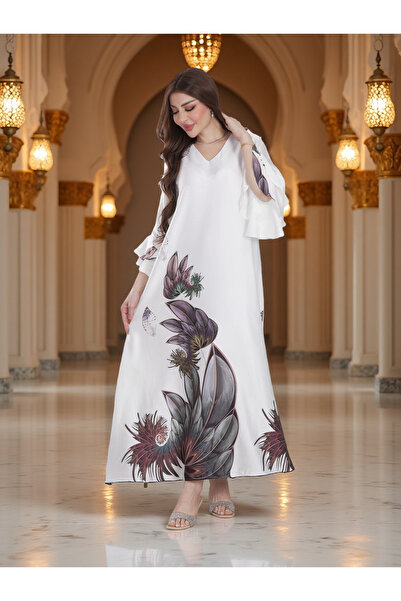 Finelook Ivory Floral Printed Modest Dress with Flared Sleeves – Elegant Ever...
