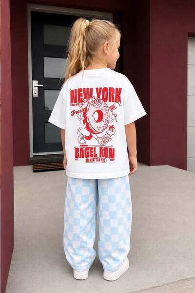 Monila Unisex Çocuk Bisiklet Yaka Pamuklu Ekru Baskılı T-Shirt ve Damalı Kot ...