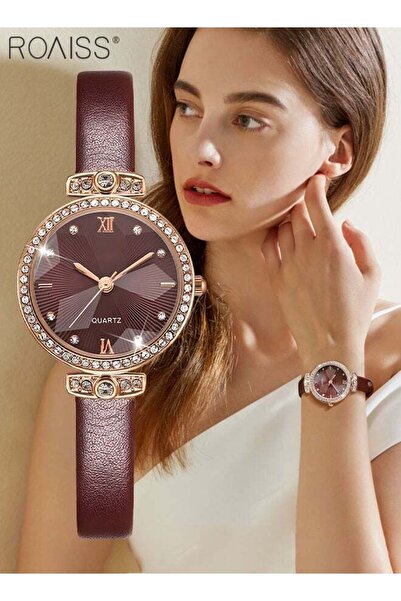 ROAISS Women's Leather Strap Quartz Watch Round Dial Rhinestones Decorated Be...
