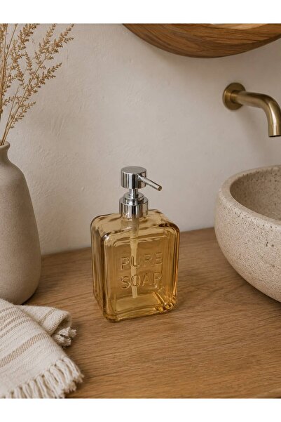 LEONEV Glass Liquid Soap Dispenser with the Words "Pure Soap" Written on It.