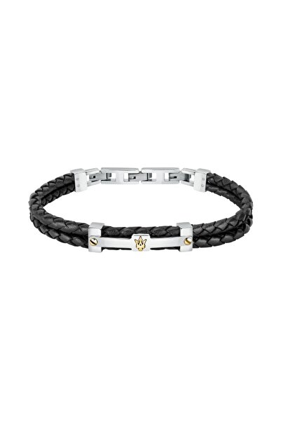 Maserati Bratara Maserati, piele neagra, inox argintiu, logo auriu, lungime 2...